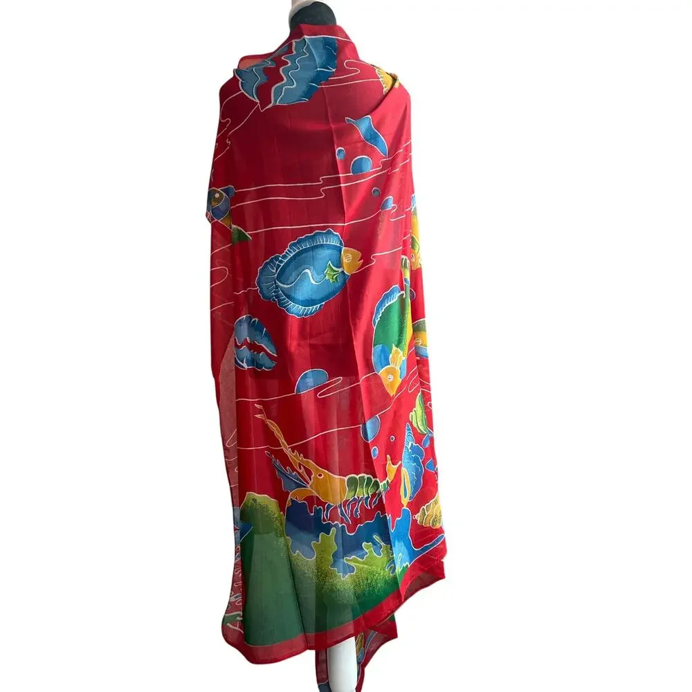 XL- coverup- Coral Fish- Bright Red blues Green wrap, shawl, sarong OSFM